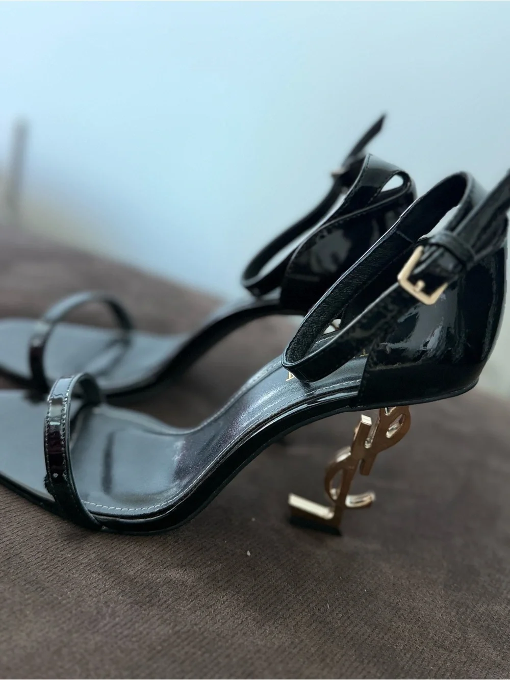 Louis Vuitton Black Patent Sandals with Gold LV Logo Heels